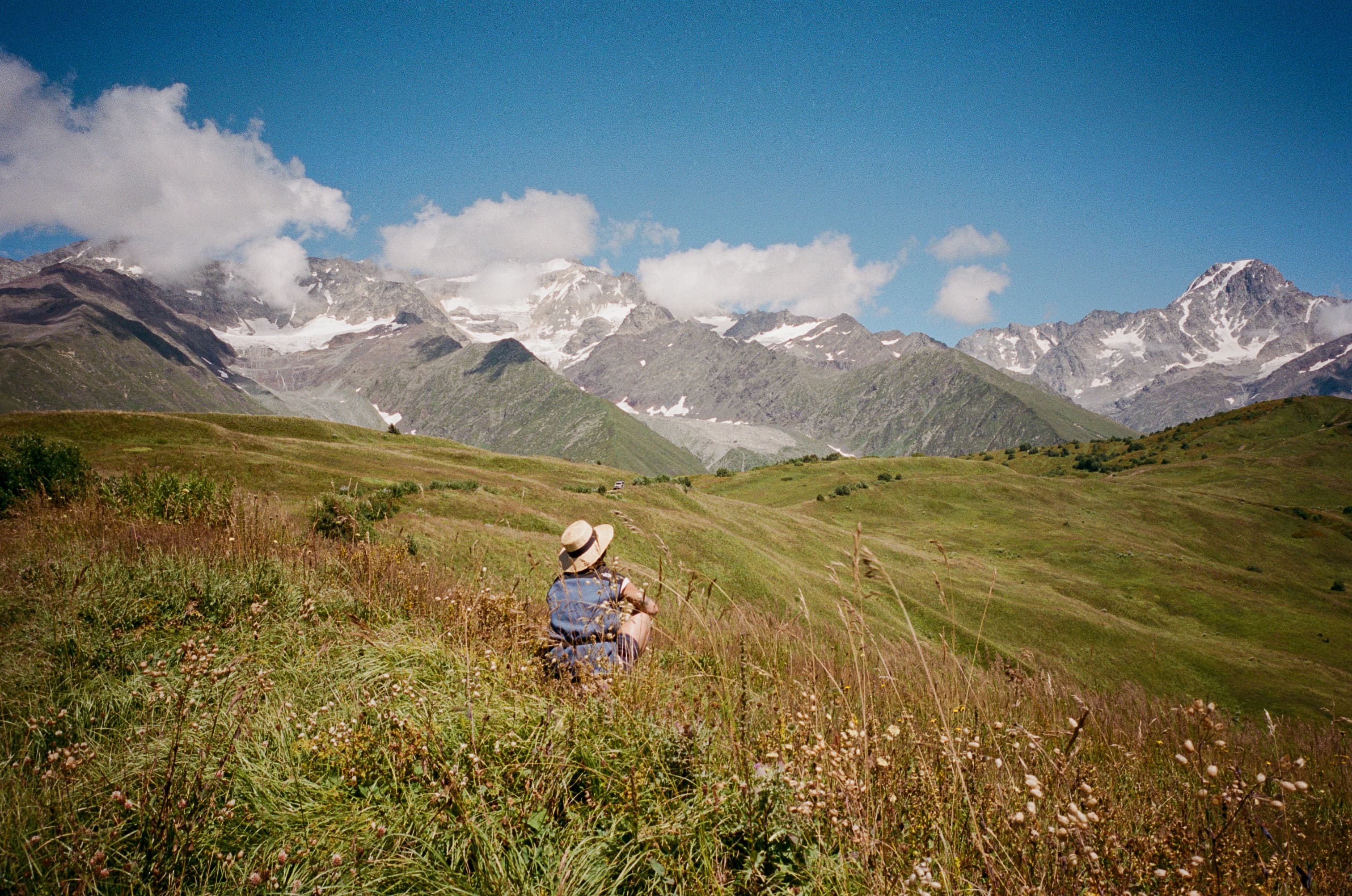 Hiking through a wildflower meadow in the Racha mountains in summer